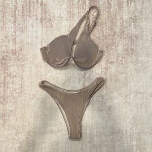 Ribbed One-Shoulder Bikini Set in Taupe